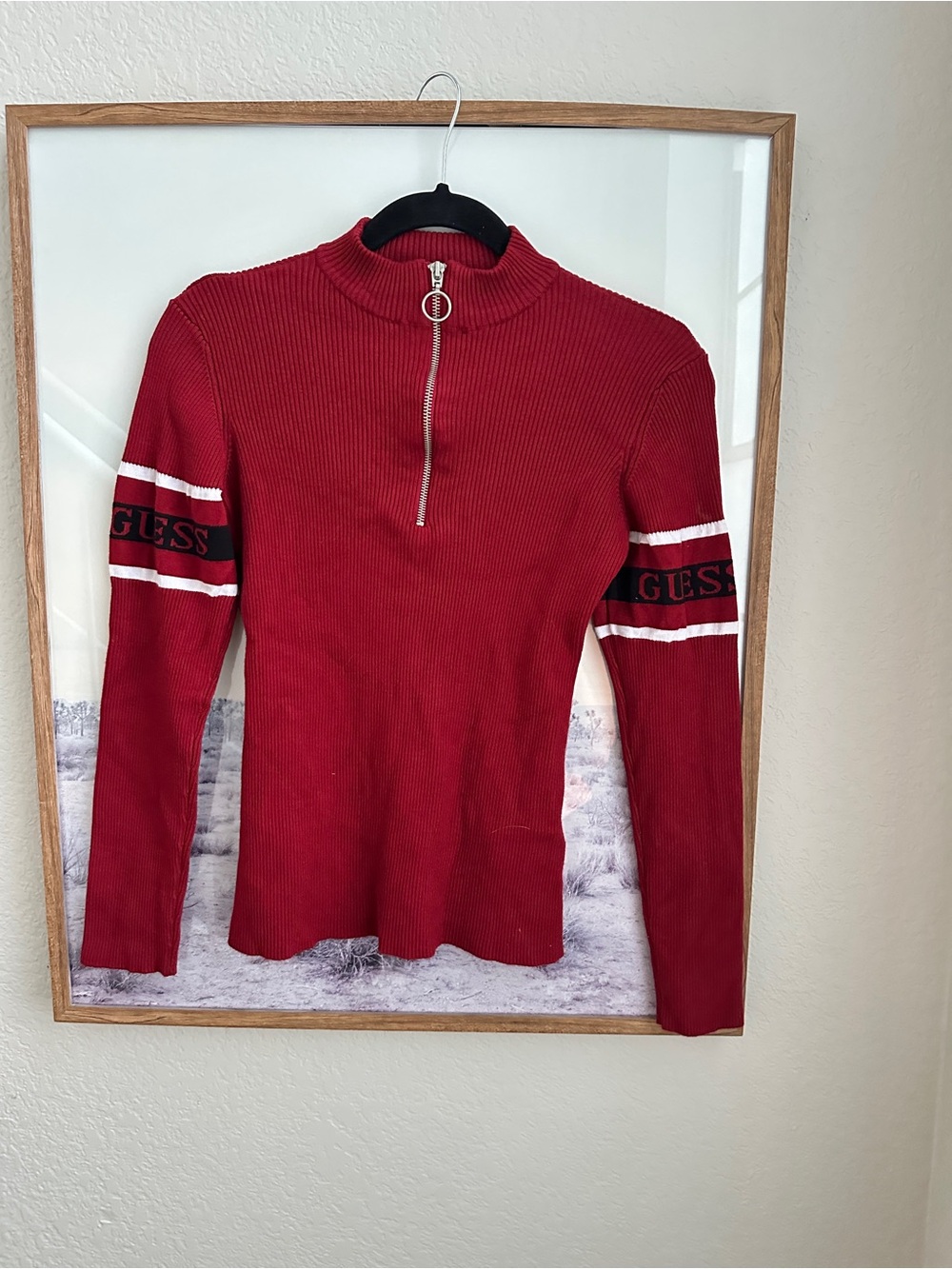 GUESS Los Angeles Women’s L Burgundy Ribbed Quarter Zip Logo Sweater Y2K - Picture 2 of 6